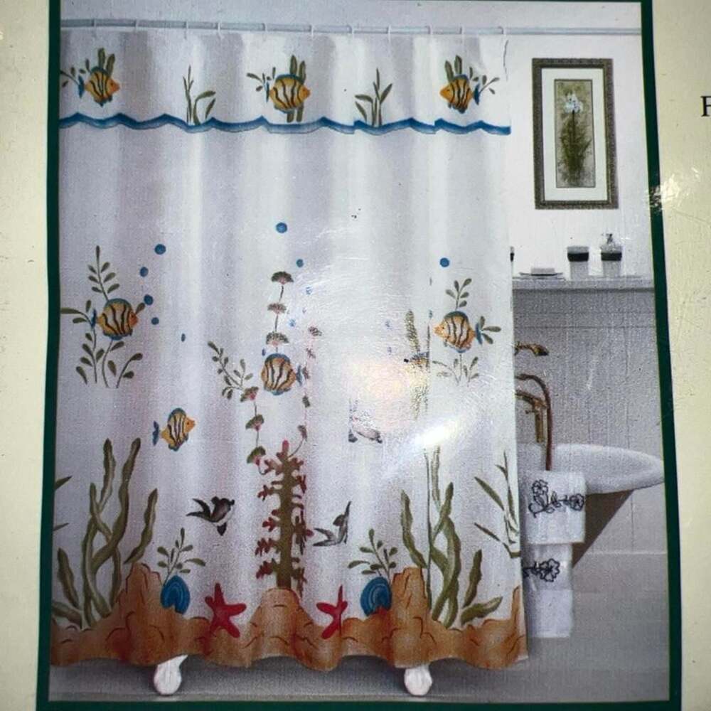 Fishes Embroidered Shower Curtain 70"x72" with Attached Valance